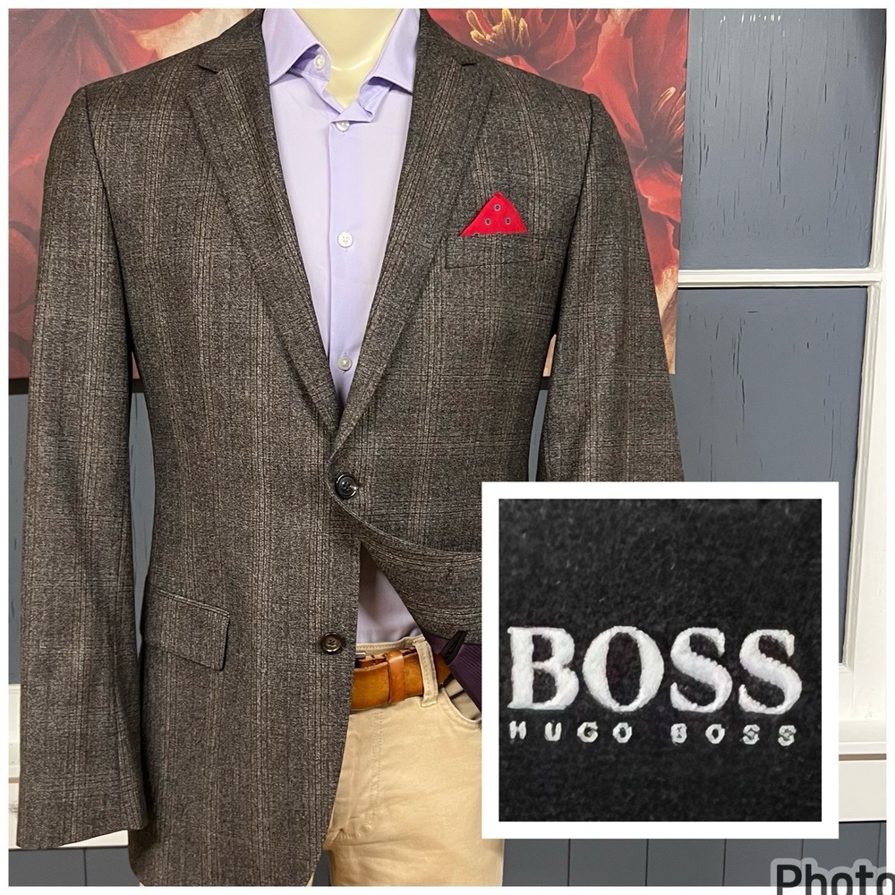 Hugo Boss Blazer Jacket Sport Coat Mens 40L Long Slim Fit Wool Flannel Brown